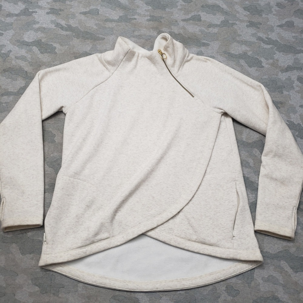 Athleta Sweatshirt Womens Small Beige Heather Fleece Crossover Asymmetric Gym